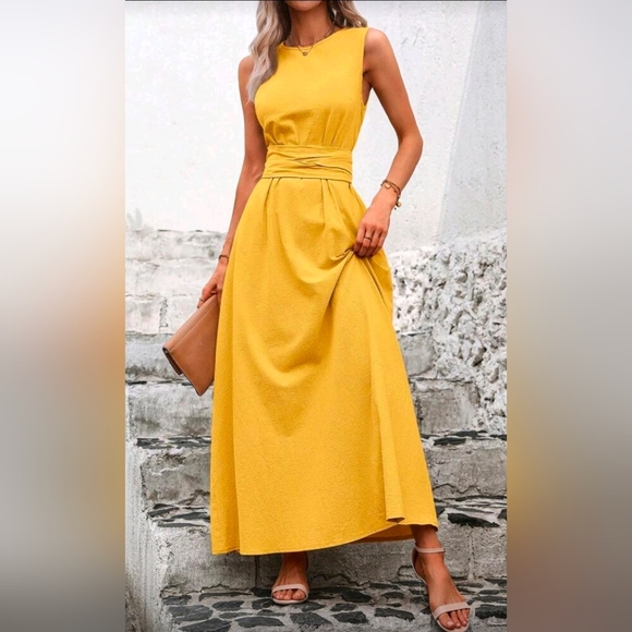 New Textured Cotton High Neck Wrap Tie Waist Maxi Dress Yellow - Picture 3 of 9
